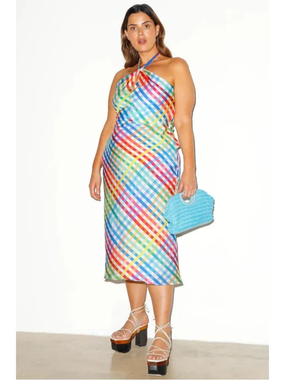 Never Fully Dressed Bright Plaid Halter Midi Dress